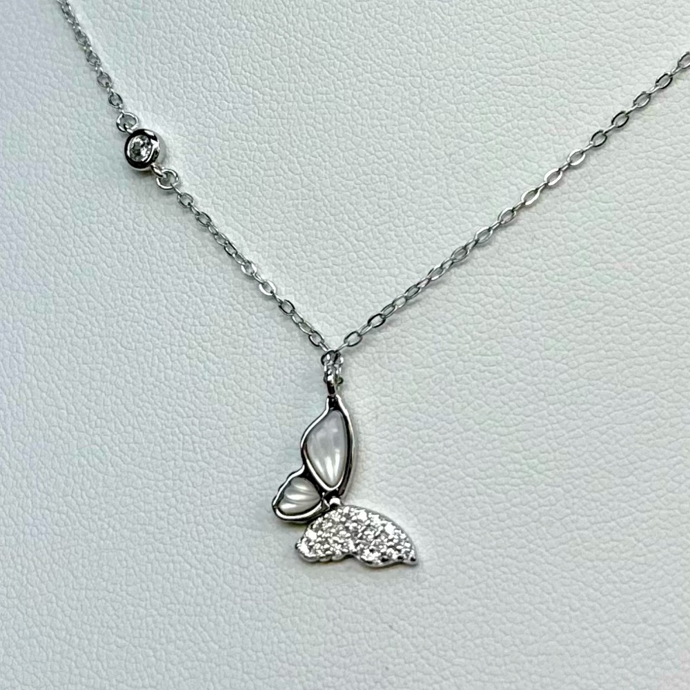 NMP3  Handmade White Mother of Pearl Butterfly Necklace 18K White Gold S925